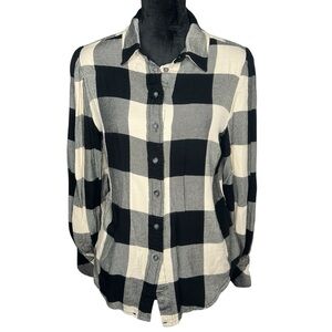 Sanctuary Black & Cream Plaid Long Sleeve Button Down Shirt Women’s Size Medium